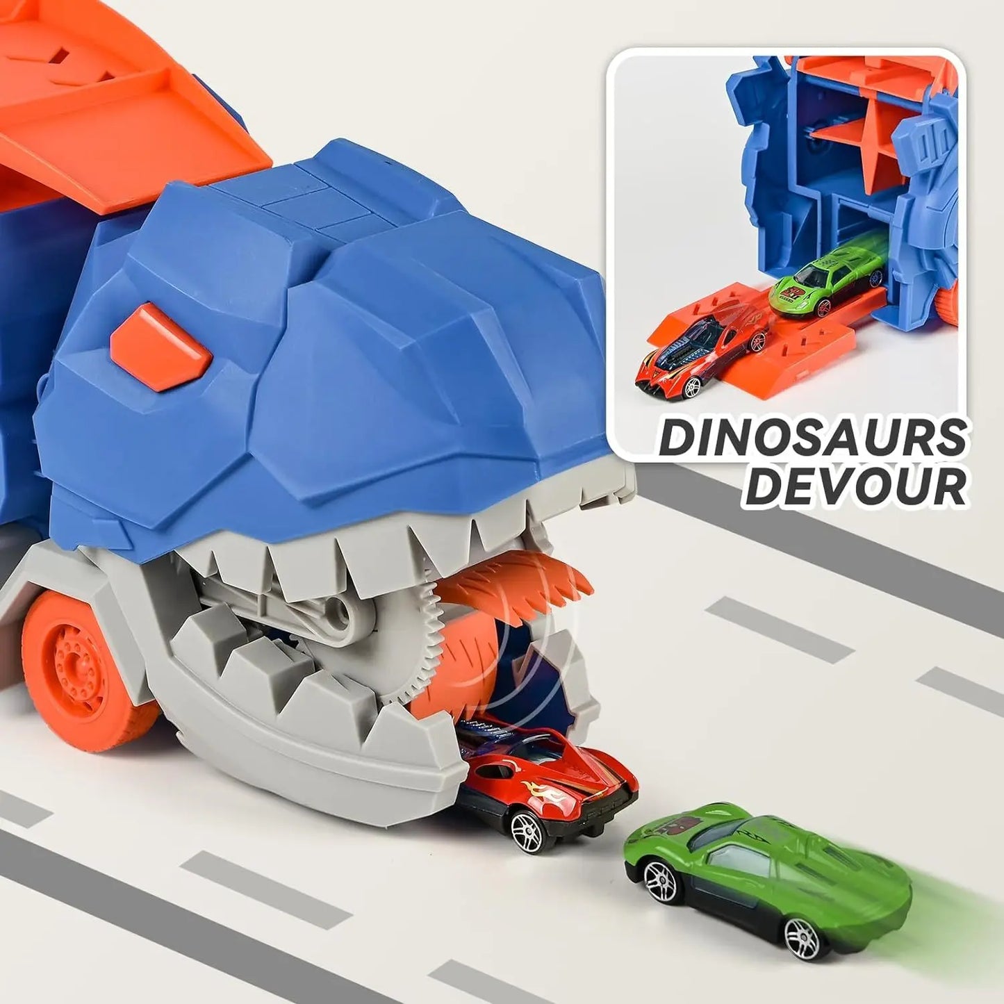 Camion Trasporto Dinosauri Scala 1 64 Trasforma Passeggini In Tyrannosaurus In Piedi Su Pista Di Plastica Età 4 6 Anni
