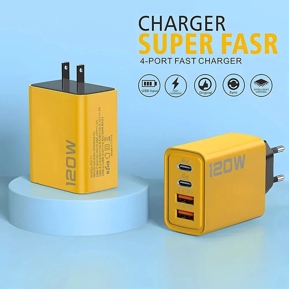 Caricatore USB C PD GaN a Quattro Porte da Parete 120W Ricarica Rapida per IPhone 16 15 14 Samsung Huawei