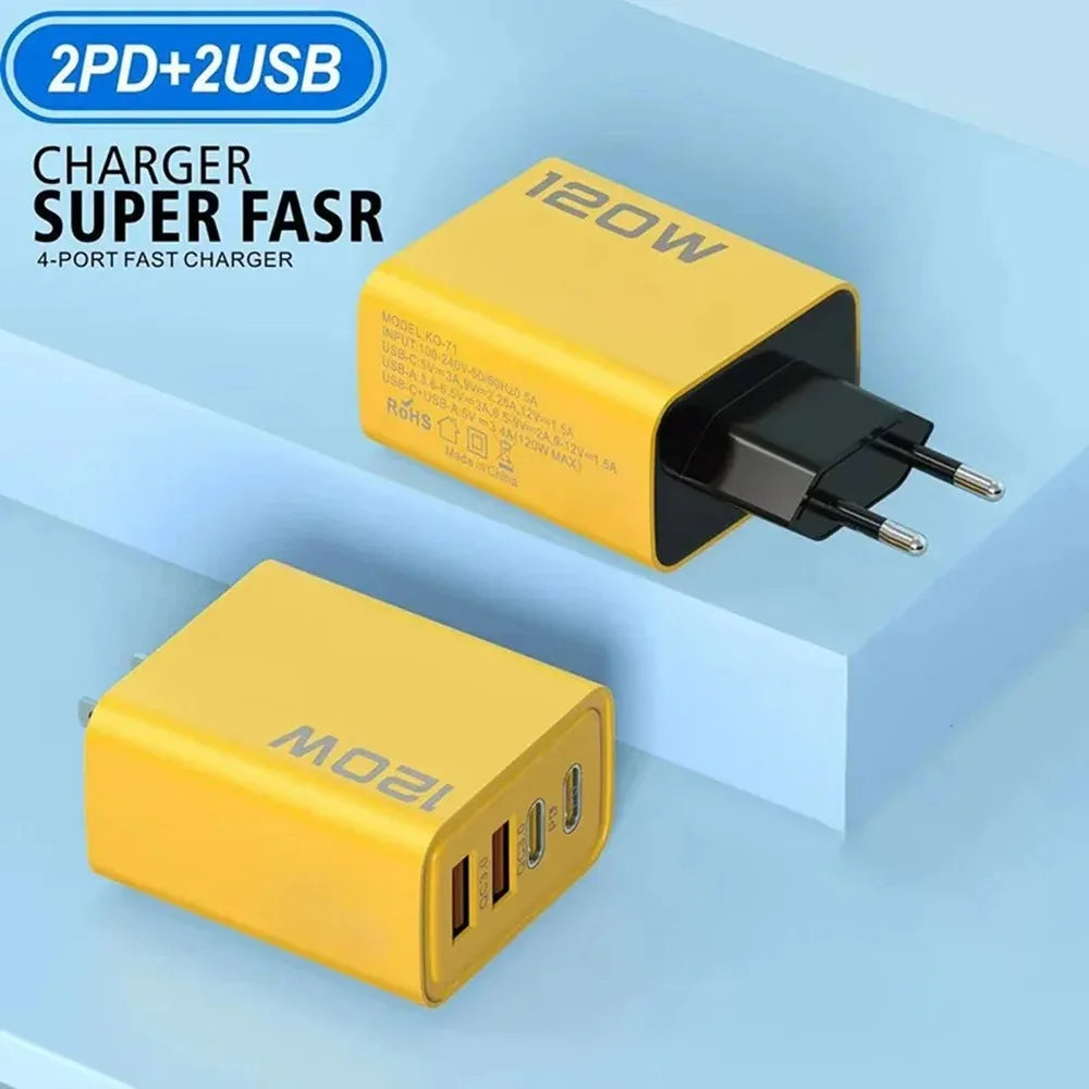 Caricatore USB C PD GaN a Quattro Porte da Parete 120W Ricarica Rapida per IPhone 16 15 14 Samsung Huawei