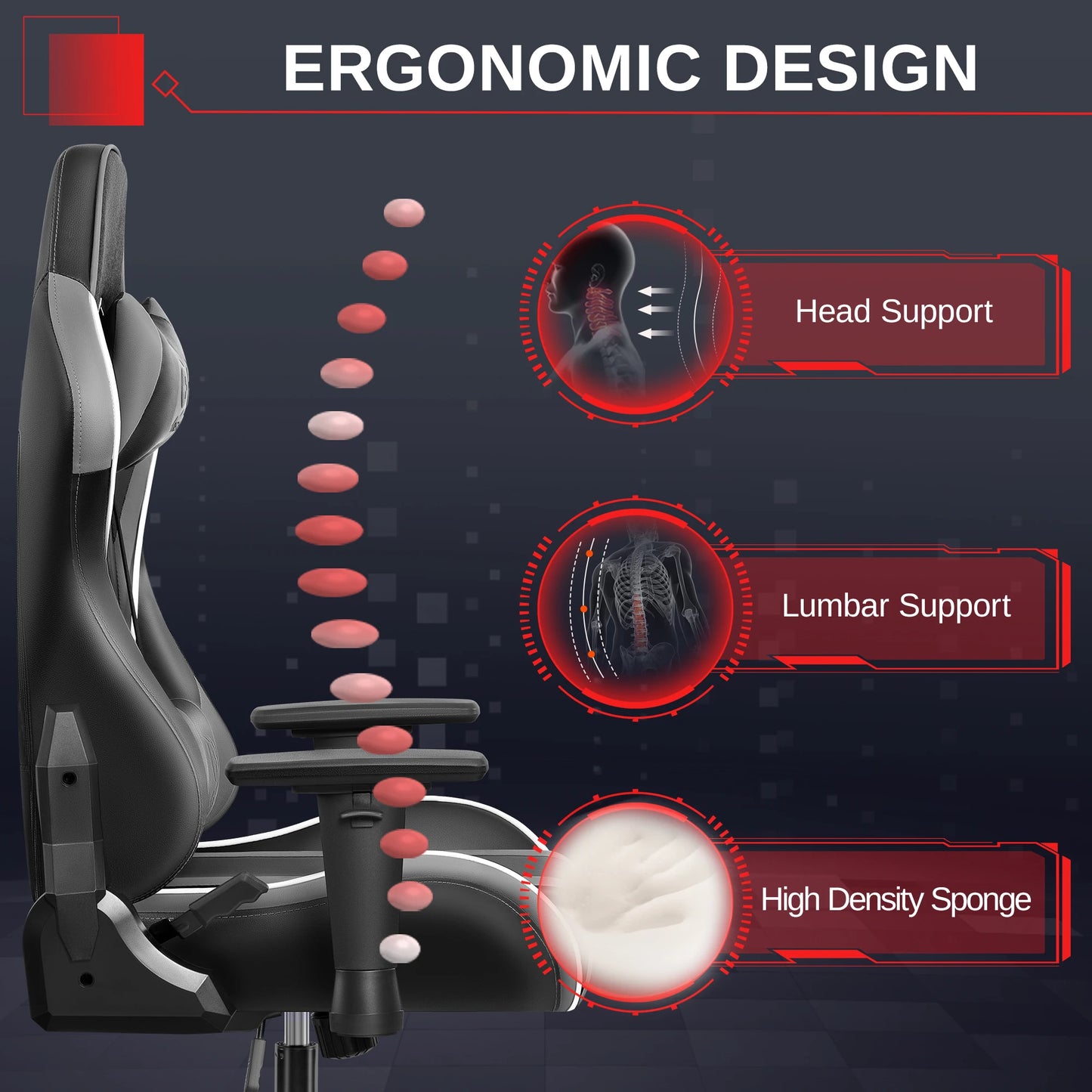 Sedia Da Gaming Ergonomica In Pelle PU Con Braccioli Regolabili Impermeabile Capacità Massima 150 Kg Nero Grigio