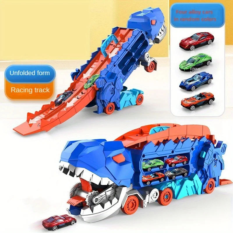 Camion Trasporto Dinosauri Scala 1 64 Trasforma Passeggini In Tyrannosaurus In Piedi Su Pista Di Plastica Età 4 6 Anni