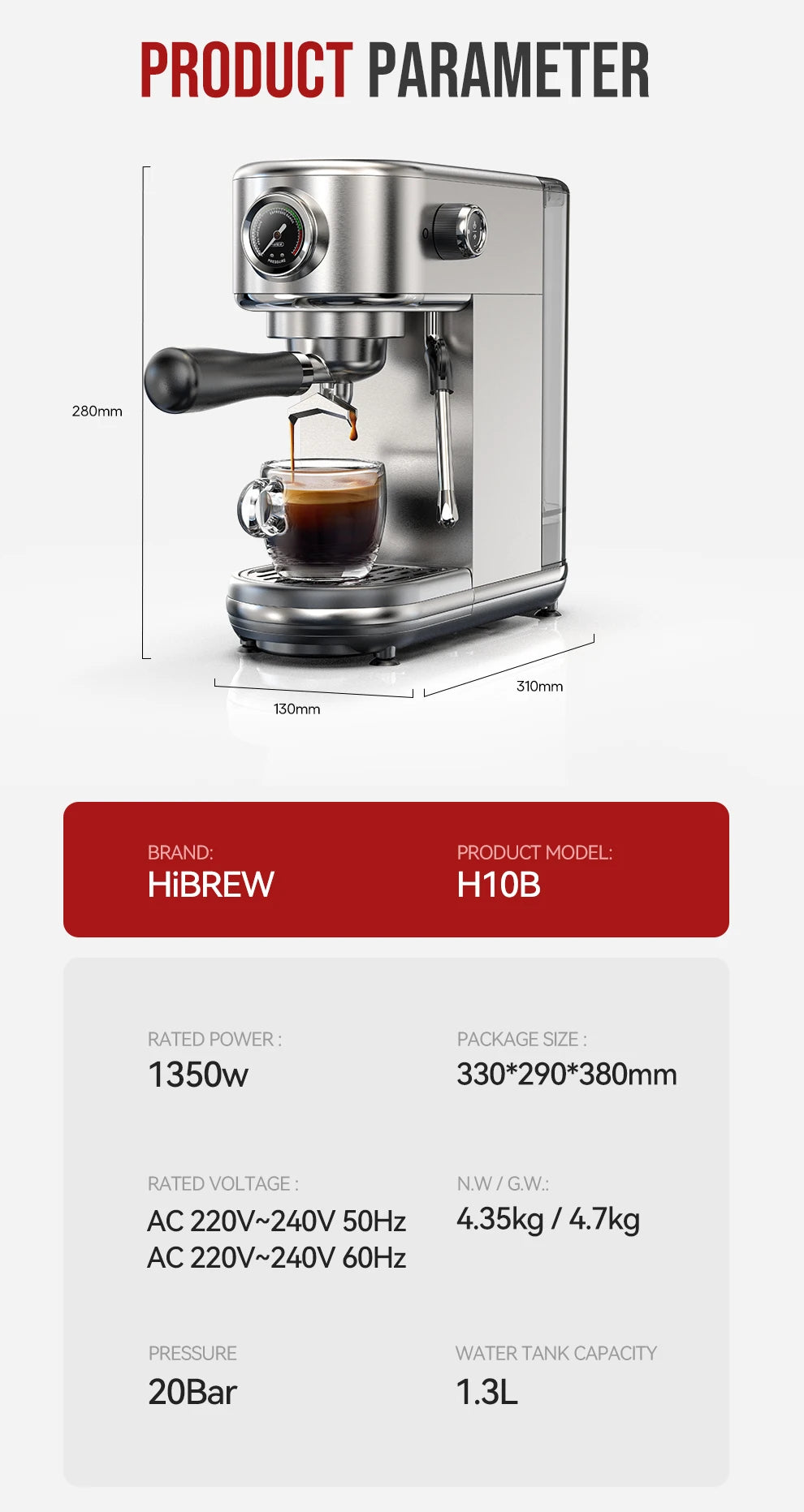 HiBREW 20 Bar Macchina Per Caffè Espresso Semiautomatica Temperatura Regolabile Freddo Caldo Sottile Cappuccino H10B