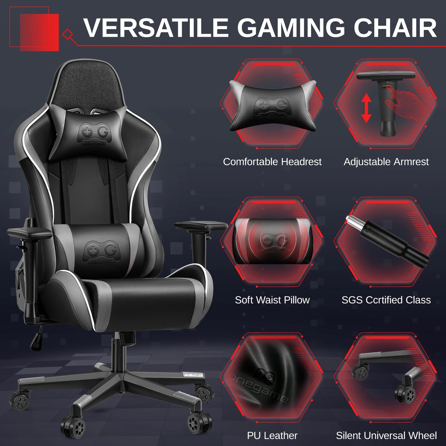 Sedia Da Gaming Ergonomica In Pelle PU Con Braccioli Regolabili Impermeabile Capacità Massima 150 Kg Nero Grigio