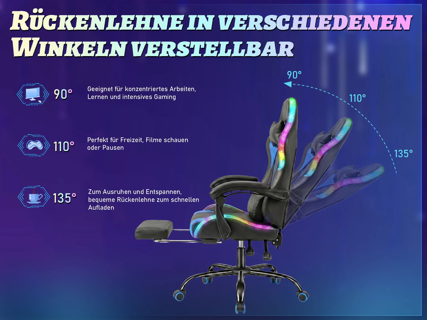 Sedia Da Gaming Ergonomica Devoko Con Illuminazione RGB Regolabile In Altezza E Inclinabile Per Gaming