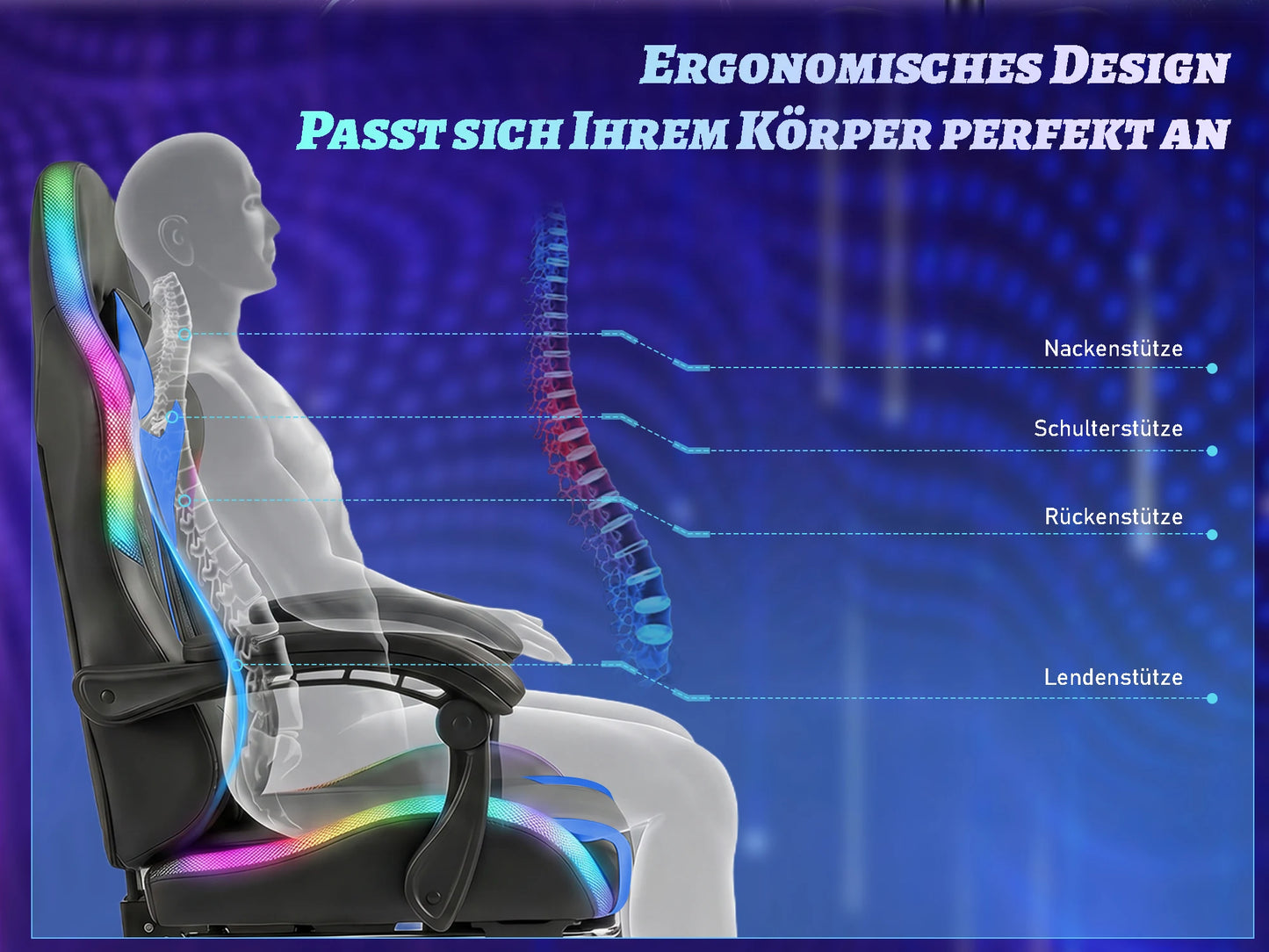 Sedia Da Gaming Ergonomica Devoko Con Illuminazione RGB Regolabile In Altezza E Inclinabile Per Gaming