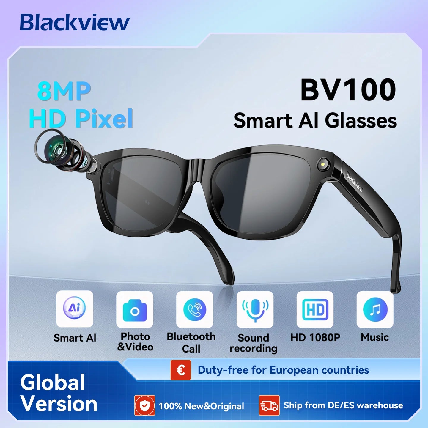 Occhiali Intelligenti Blackview BV100 Fotocamera HD Batteria Bluetooth 5.4 220 mAh Microfono Cancellazione Rumore