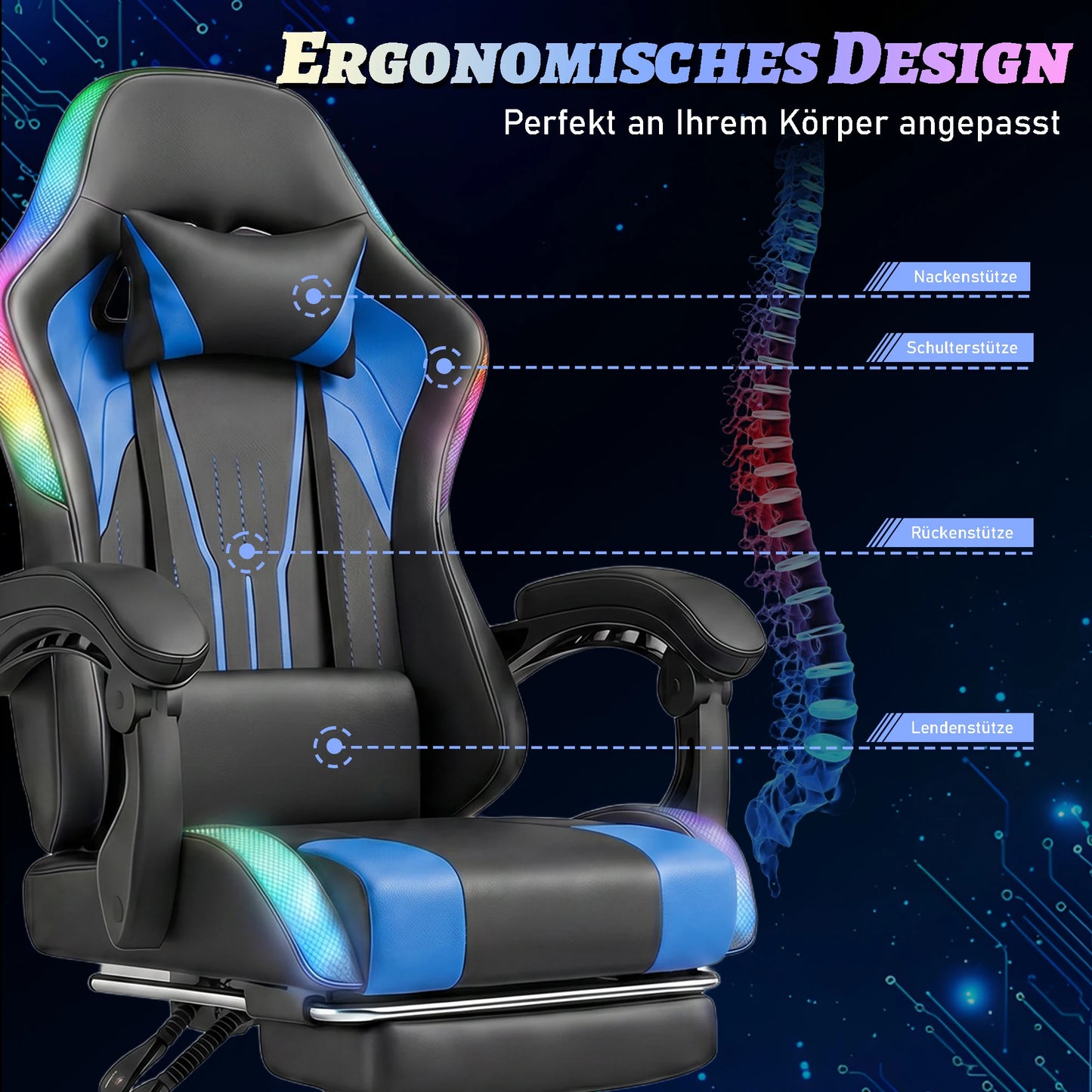 Sedia Da Gaming Ergonomica Devoko Con Illuminazione RGB Regolabile In Altezza E Inclinabile Per Gaming