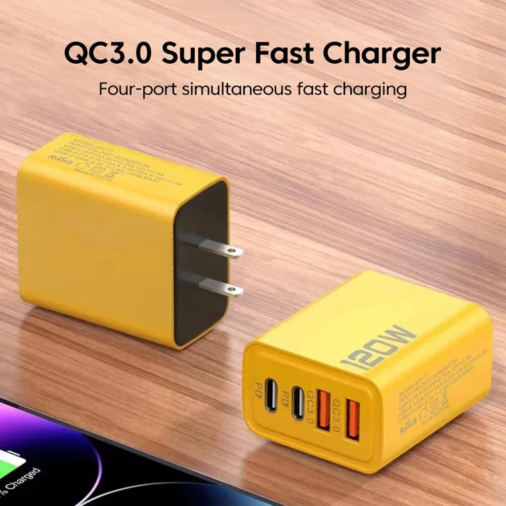 Caricatore USB C PD GaN a Quattro Porte da Parete 120W Ricarica Rapida per IPhone 16 15 14 Samsung Huawei