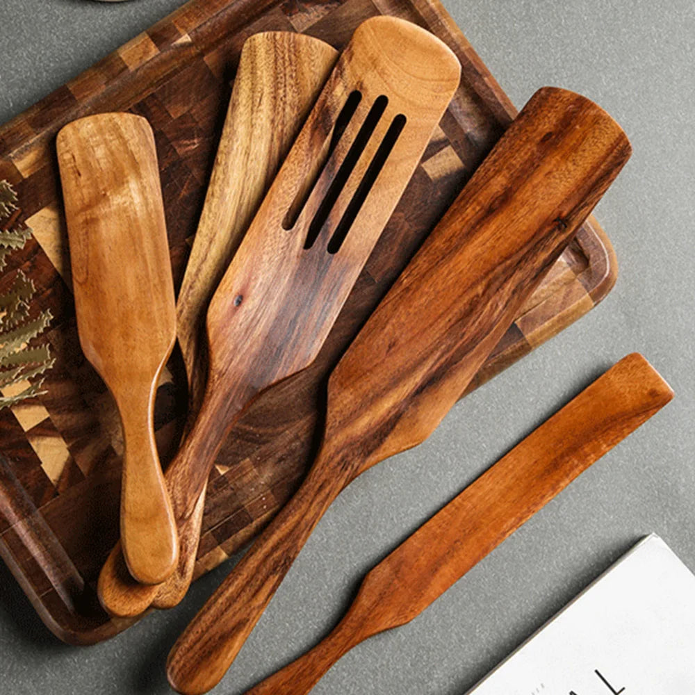 Set Da 5 Pezzi Di Spatole Scanalate In Teak Naturale Per Mescolare Utensili Da Cucina In Legno Resistente Al Calore