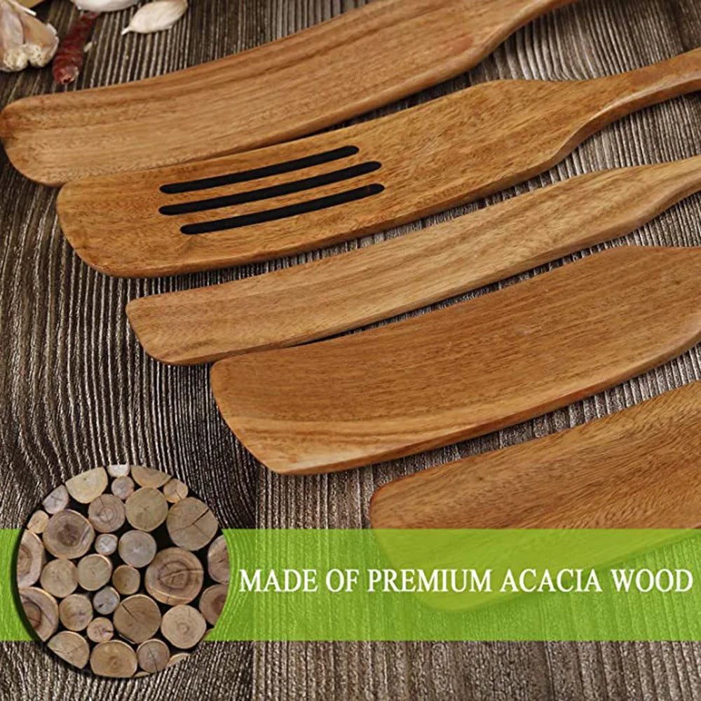 Set Da 5 Pezzi Di Spatole Scanalate In Teak Naturale Per Mescolare Utensili Da Cucina In Legno Resistente Al Calore