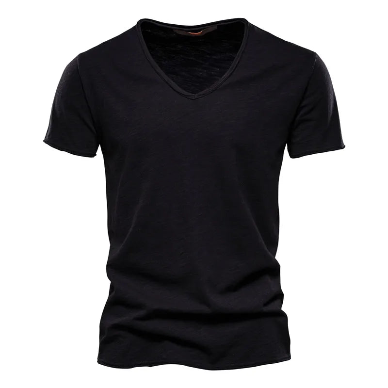 Maglietta Uomo Cotone 100 Percento Con Scollo A V Slim Fit Colore Solido Manica Corta