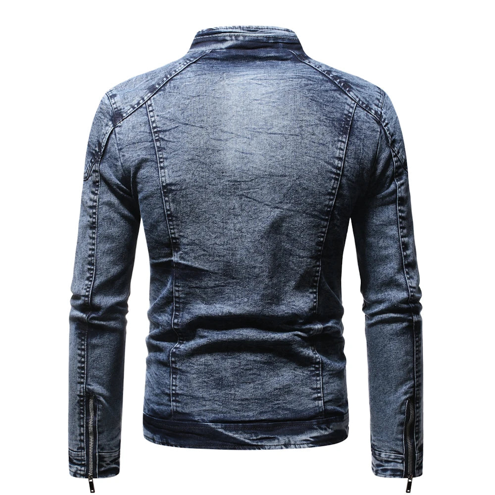 Giacca Jeans Uomo Denim Streetwear Primavera Autunno Collo Mandarino Slim Fit Capispalla
