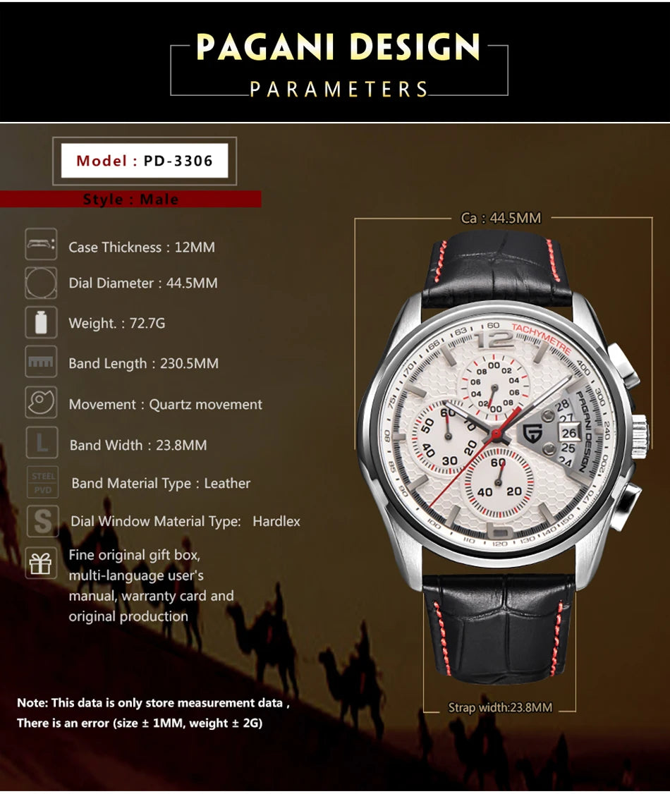 Orologio Da Uomo Pagani Design Cronografo Lusso Sport Quarzo Resistente All Acqua 30m Modello PD 3306