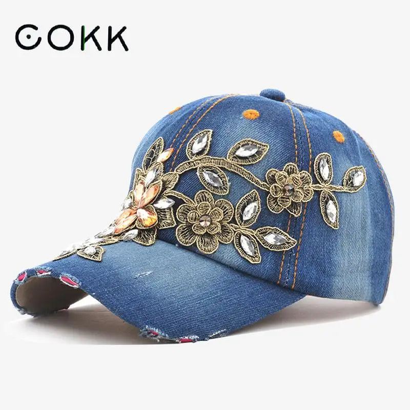 Berretto Da Baseball Da Donna Con Pittura Con Diamanti E Fiore Ricamato In Denim Snapback Estivo Cappello Da Sole