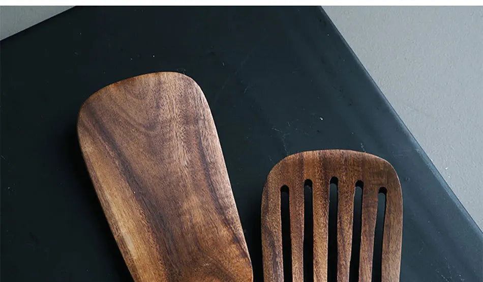 Set Da 5 Pezzi Di Spatole Scanalate In Teak Naturale Per Mescolare Utensili Da Cucina In Legno Resistente Al Calore