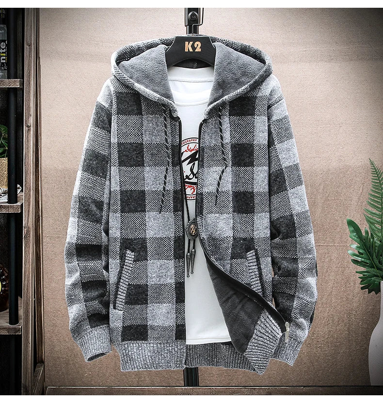 Nuovo Maglione Scozzese Invernale Da Uomo Cardigan Con Cappuccio Cerniera Giacca In Lana Calda Autunno In Pile Quadretti