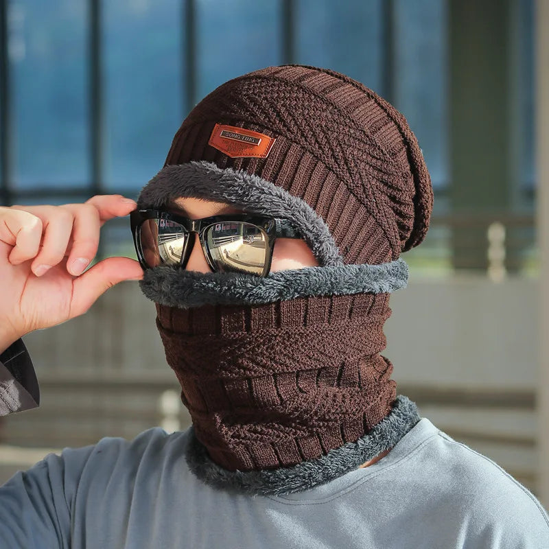 Set Invernale Cappello A Cuffia Unisex Lana Lavorata A Maglia Con Sciarpa Passamontagna Maschera