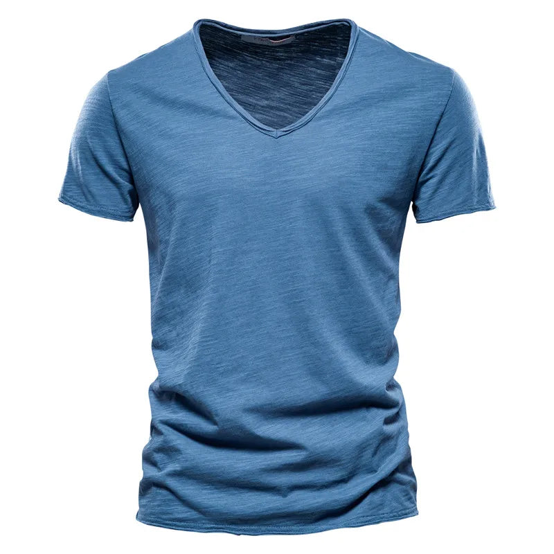 Maglietta Uomo Cotone 100 Percento Con Scollo A V Slim Fit Colore Solido Manica Corta