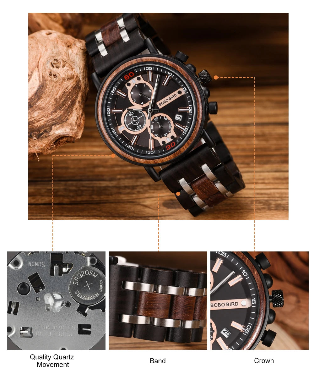 Orologio In Legno Da Uomo Cronografo Luxury Top Brand Elegante Con Scatola Di Legno Logo Personalizzato Regalo Ideale