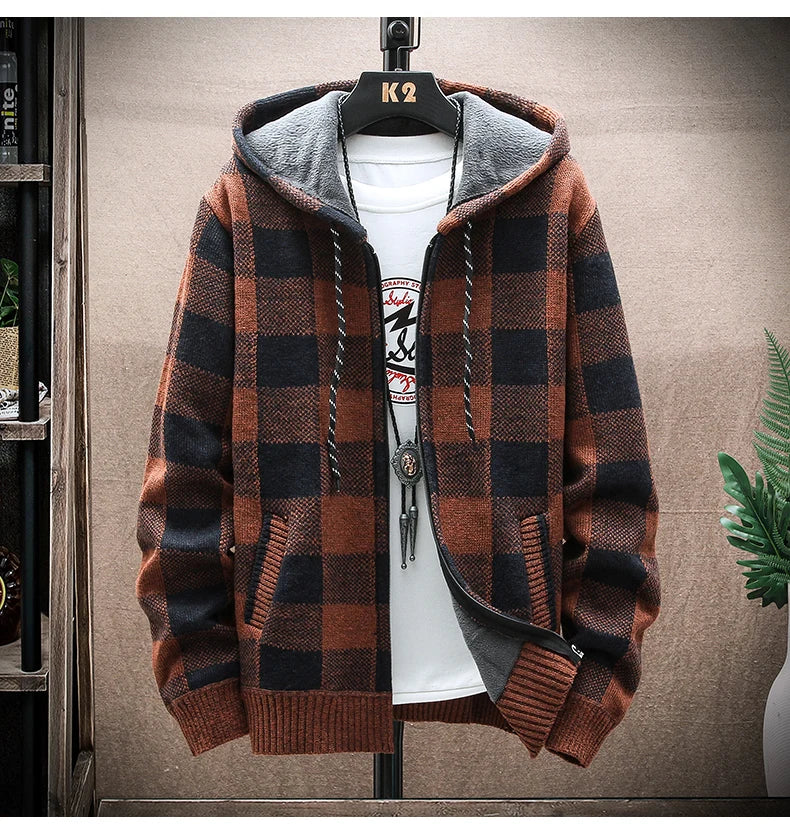 Nuovo Maglione Scozzese Invernale Da Uomo Cardigan Con Cappuccio Cerniera Giacca In Lana Calda Autunno In Pile Quadretti