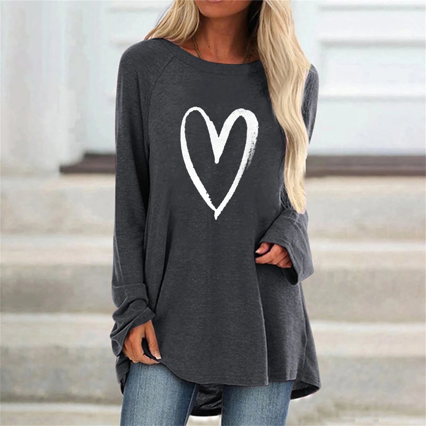 Maglietta Donna Collo O Cuore 3D Stampato Allentata Maniche Lunghe Harajuku Pullover Grandi Dimensioni