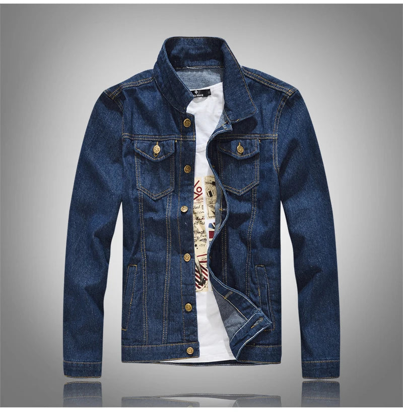 Capospalla Uomo Slim Fit Denim Blu Scuro Con Maniche Lunghe Tasche Giacca Jeans Classica