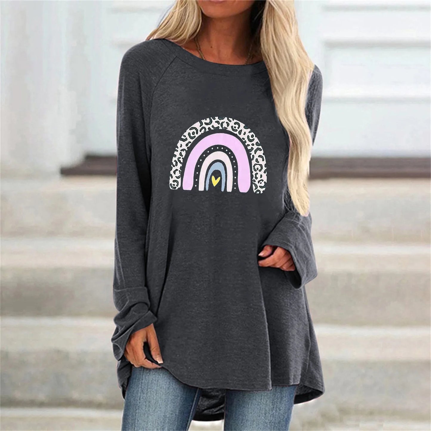 Maglietta Donna Collo O Cuore 3D Stampato Allentata Maniche Lunghe Harajuku Pullover Grandi Dimensioni
