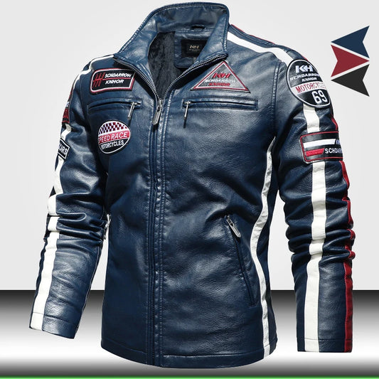 Giacca In Pelle Da Uomo Motociclista Vintage Bomber Con Ricamo Fodera In Pile Invernale