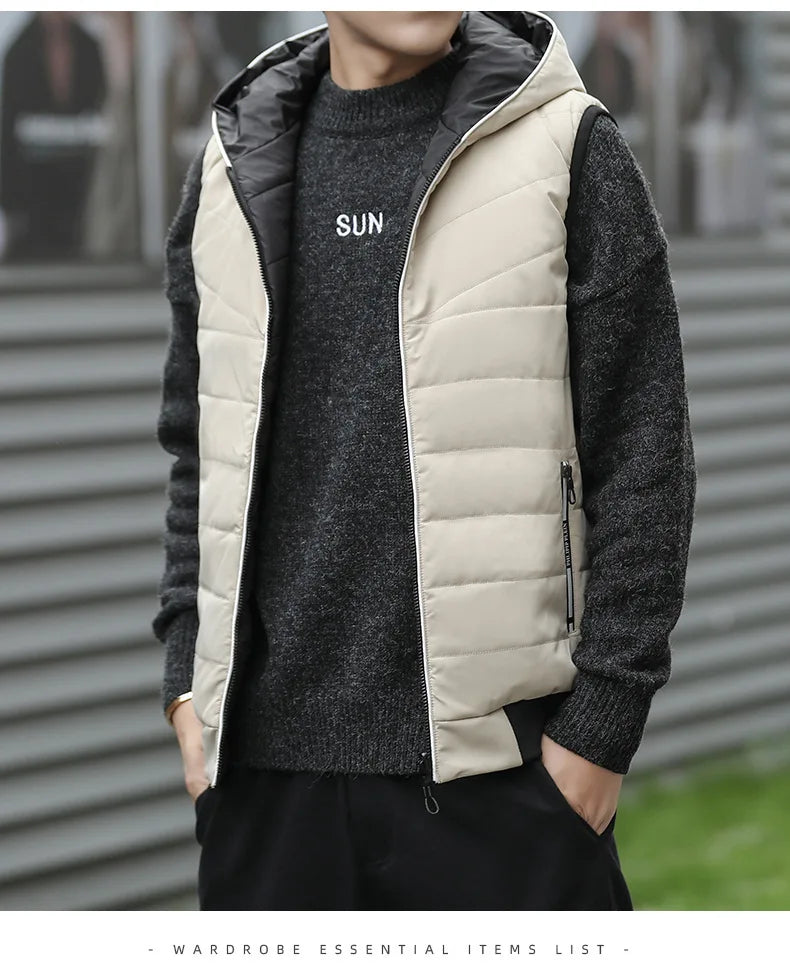 Gilet Reversibile Da Uomo Imbottito Senza Maniche In Cotone Con Cappuccio E Colletto Mandarino 2 In 1 Parka VT 276