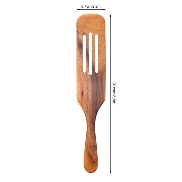 Set Da 5 Pezzi Di Spatole Scanalate In Teak Naturale Per Mescolare Utensili Da Cucina In Legno Resistente Al Calore