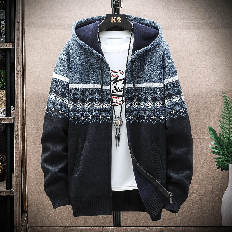 Nuovo Maglione Scozzese Invernale Da Uomo Cardigan Con Cappuccio Cerniera Giacca In Lana Calda Autunno In Pile Quadretti