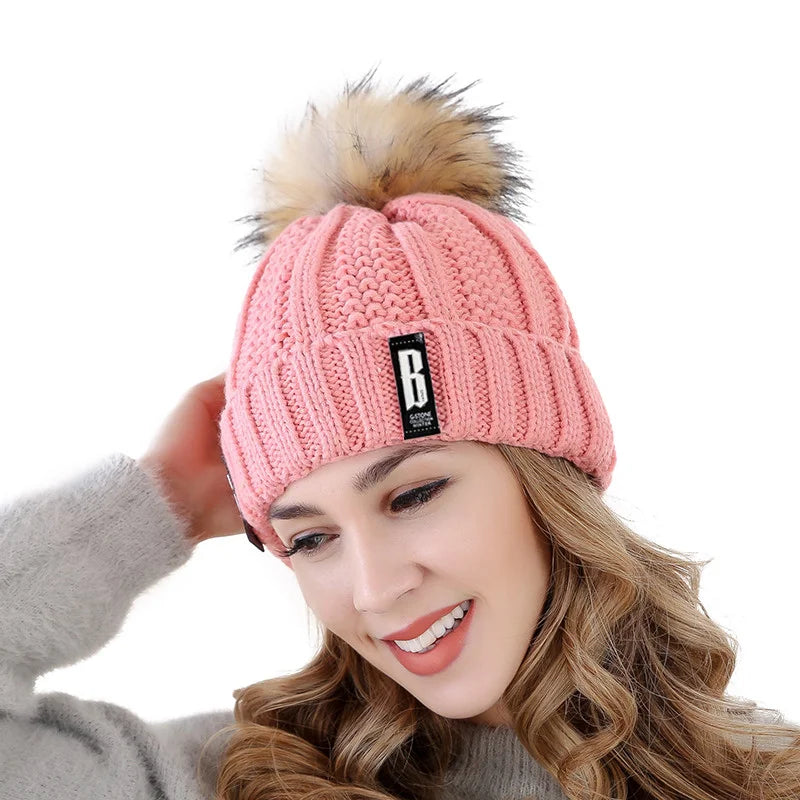 Cappello Invernale Da Donna Con Pompon Pelliccia Foderata Berretto In Lana Lavorato A Maglia Caldo E Elegante Streetwear