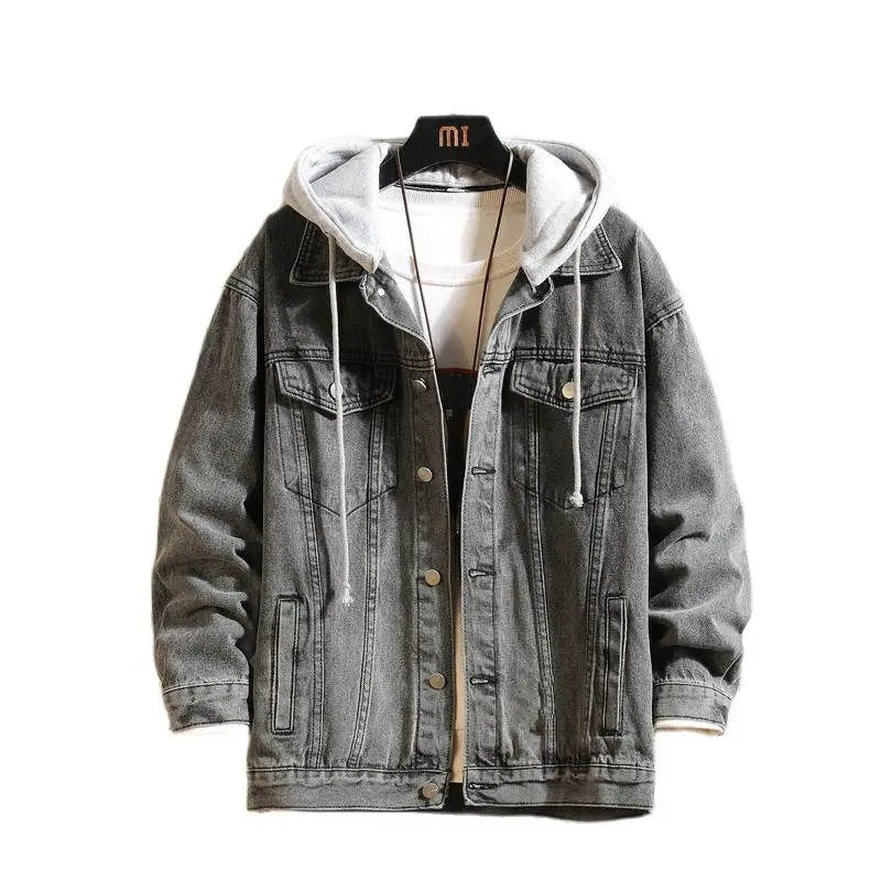 Giacca Jeans Uomo Con Cappuccio Tinta Unita Streetwear Casual Colletto Rovesciato Cappuccio Staccabile