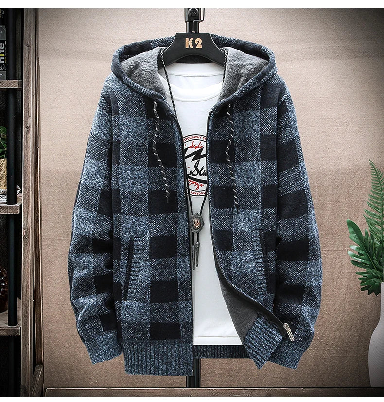 Nuovo Maglione Scozzese Invernale Da Uomo Cardigan Con Cappuccio Cerniera Giacca In Lana Calda Autunno In Pile Quadretti