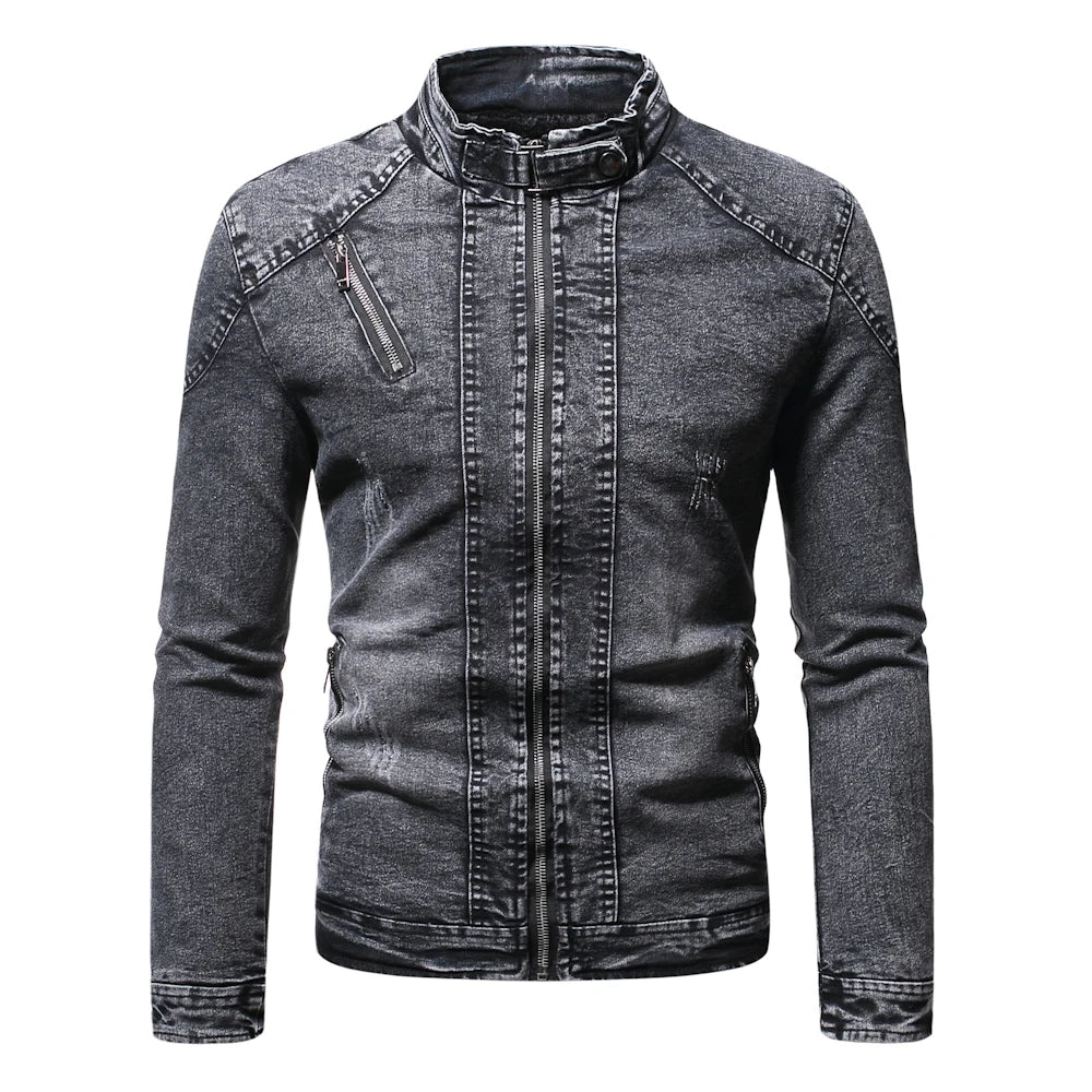 Giacca Jeans Uomo Denim Streetwear Primavera Autunno Collo Mandarino Slim Fit Capispalla