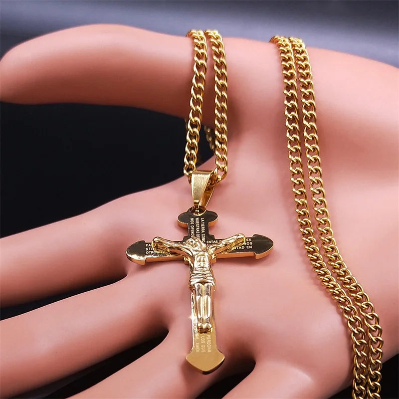 Collana Croce Biblica In Acciaio Inossidabile Pendente Gesù Lunga Unisex Uomo Donna Gioielli Religiosi