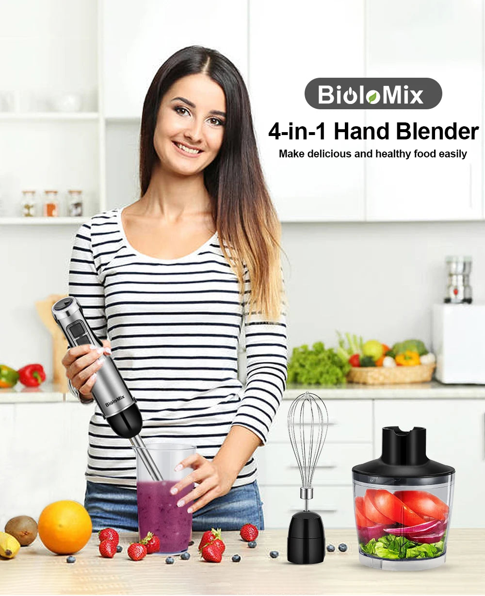 Frullatore A Immersione Biolomix 4 In 1 Ad Alta Potenza 1200 W Lame In Acciaio Inox Con Tazza Tritatutto E Frullato