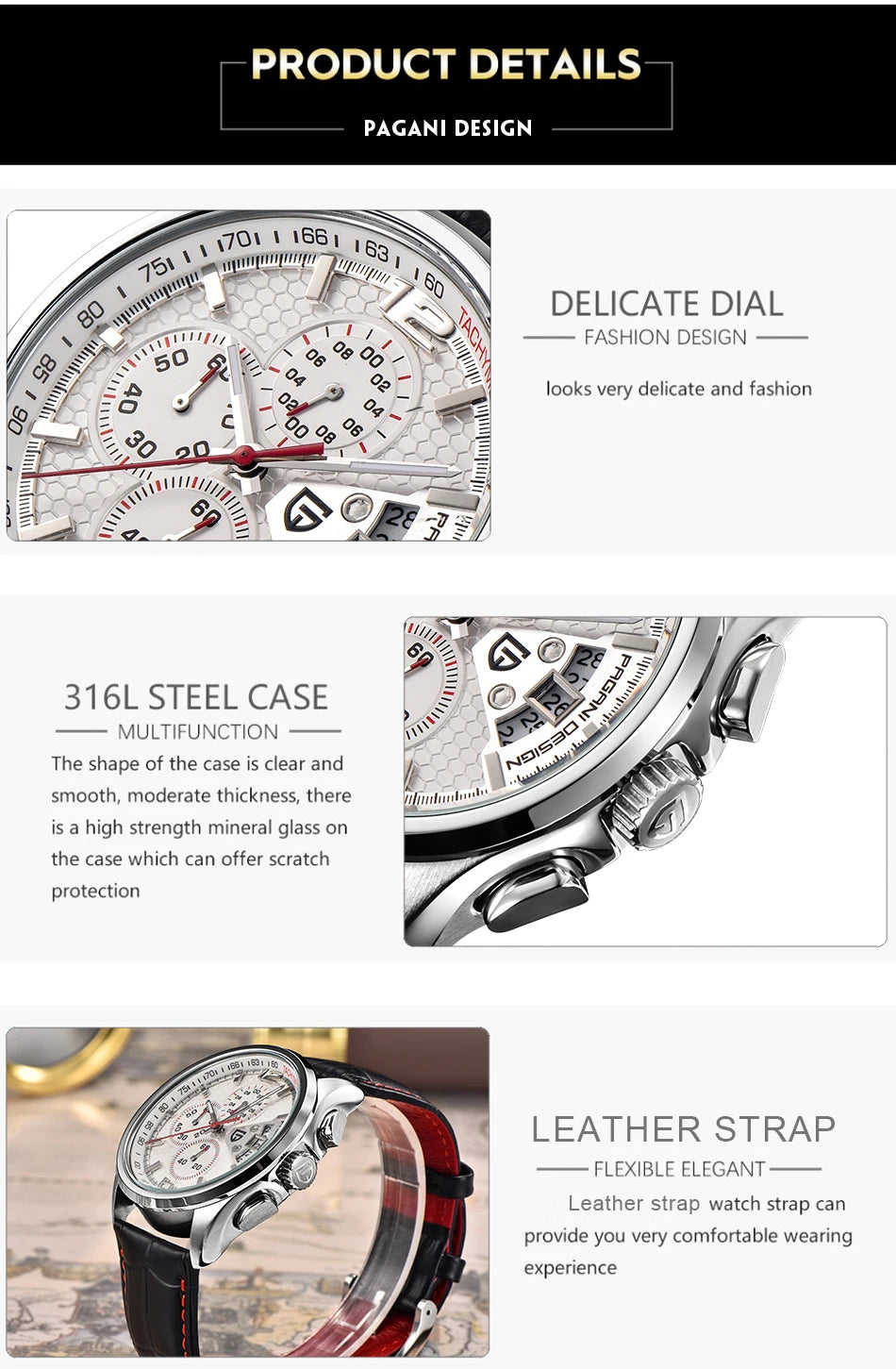 Orologio Da Uomo Pagani Design Cronografo Lusso Sport Quarzo Resistente All Acqua 30m Modello PD 3306