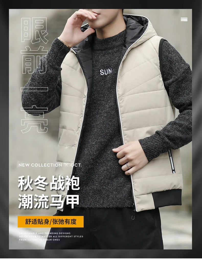 Gilet Reversibile Da Uomo Imbottito Senza Maniche In Cotone Con Cappuccio E Colletto Mandarino 2 In 1 Parka VT 276