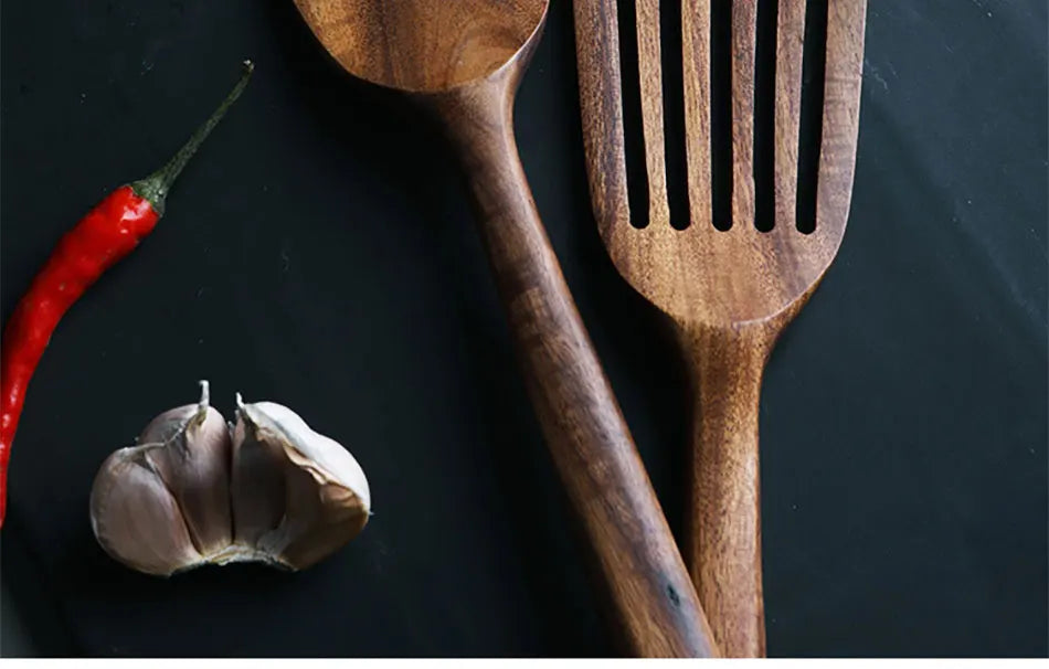 Set Da 5 Pezzi Di Spatole Scanalate In Teak Naturale Per Mescolare Utensili Da Cucina In Legno Resistente Al Calore