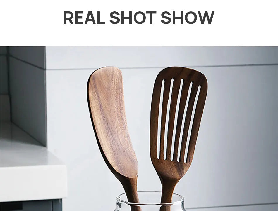 Set Da 5 Pezzi Di Spatole Scanalate In Teak Naturale Per Mescolare Utensili Da Cucina In Legno Resistente Al Calore