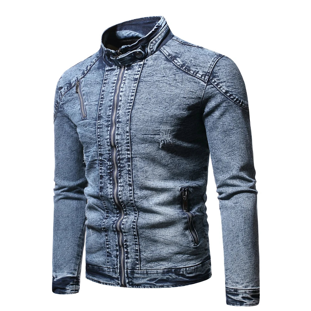 Giacca Jeans Uomo Denim Streetwear Primavera Autunno Collo Mandarino Slim Fit Capispalla