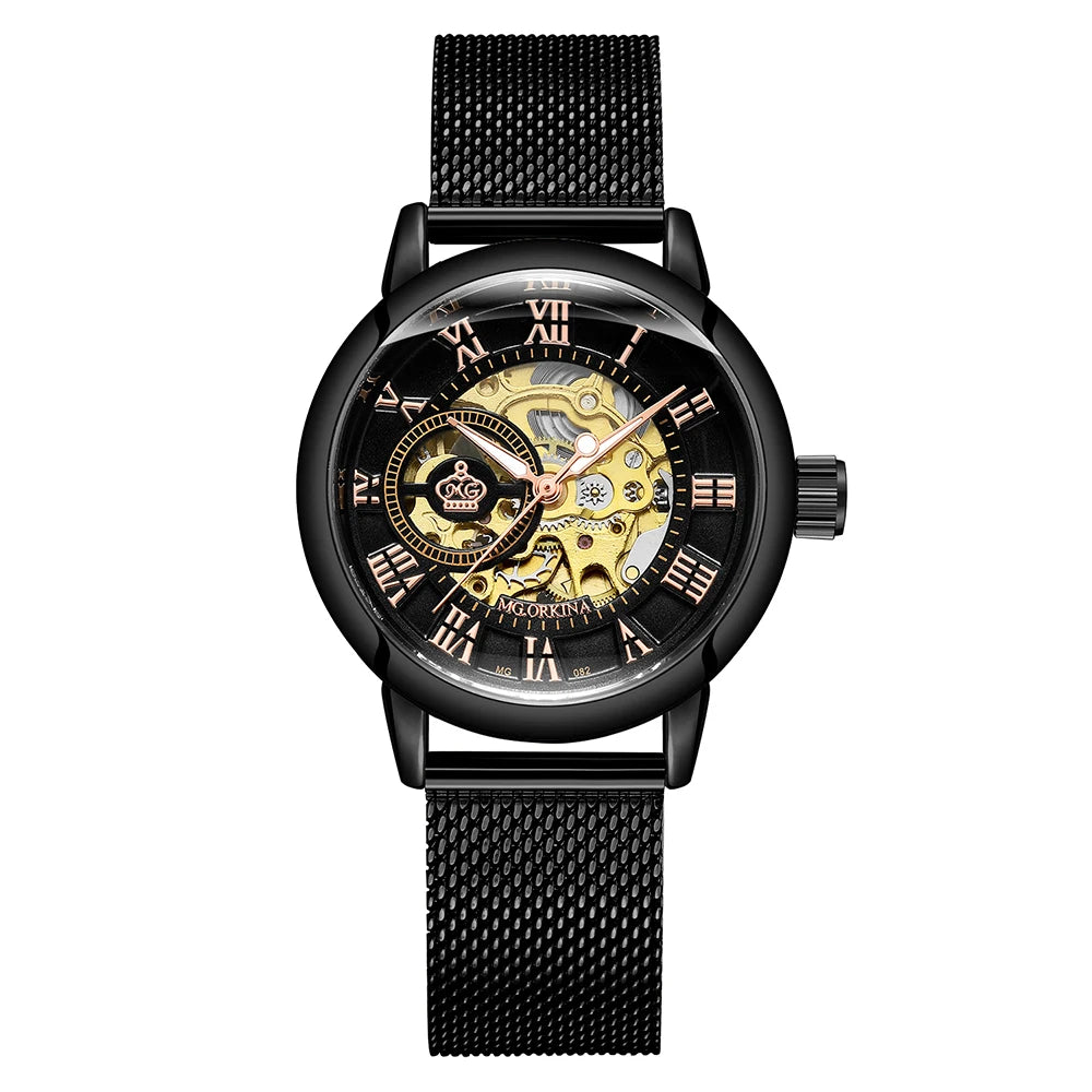 Orologio Automatico Da Donna Orkina Scheletrato Nero Con Cinturino Rete In Acciaio Inossidabile Lusso Per Affari