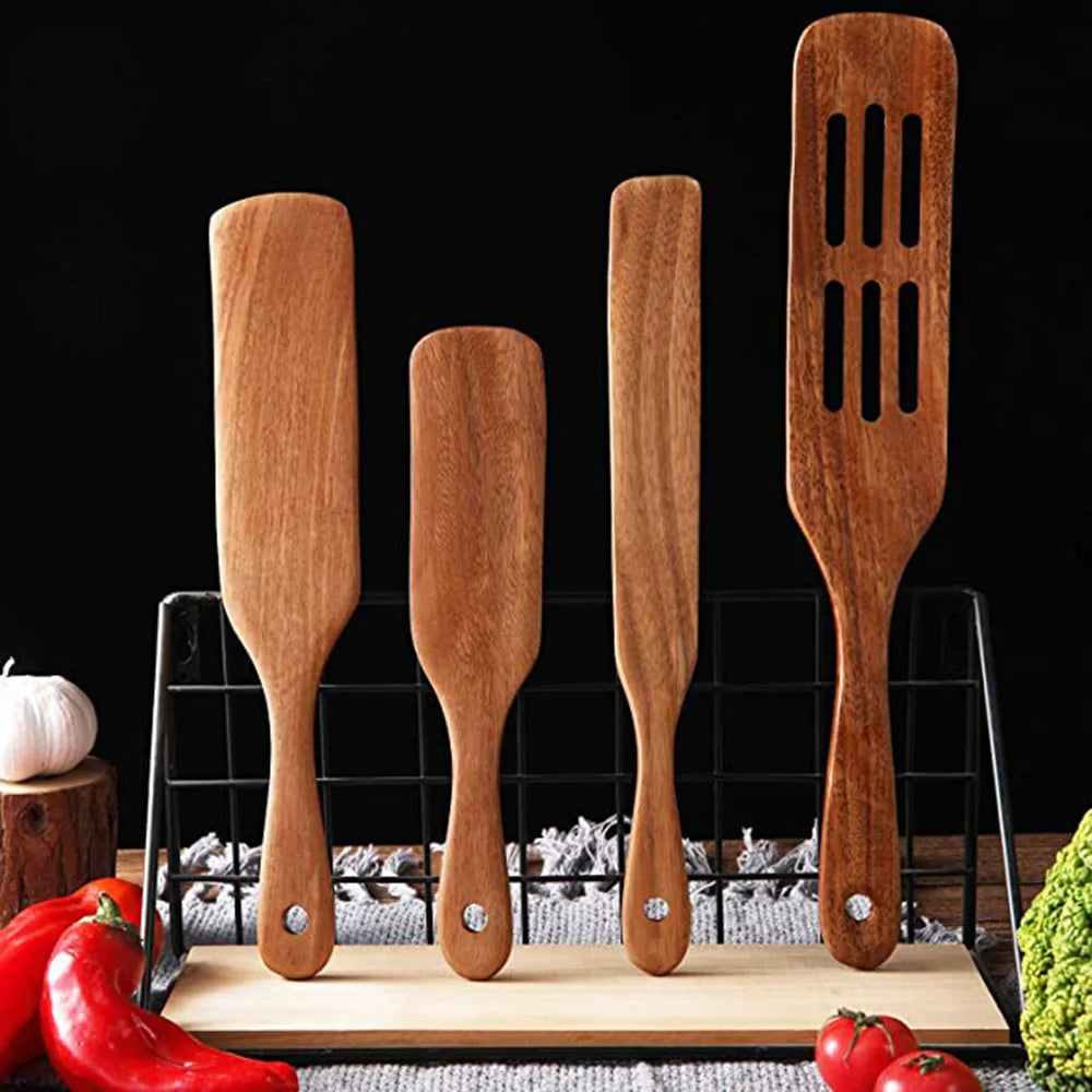 Set Da 5 Pezzi Di Spatole Scanalate In Teak Naturale Per Mescolare Utensili Da Cucina In Legno Resistente Al Calore