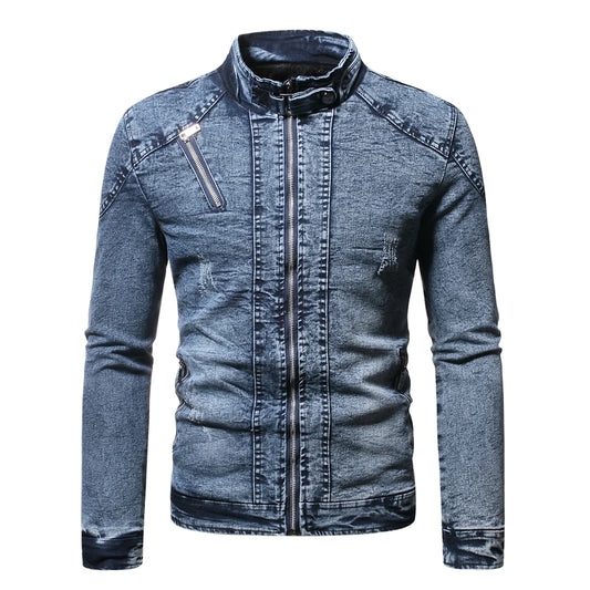 Giacca Jeans Uomo Denim Streetwear Primavera Autunno Collo Mandarino Slim Fit Capispalla