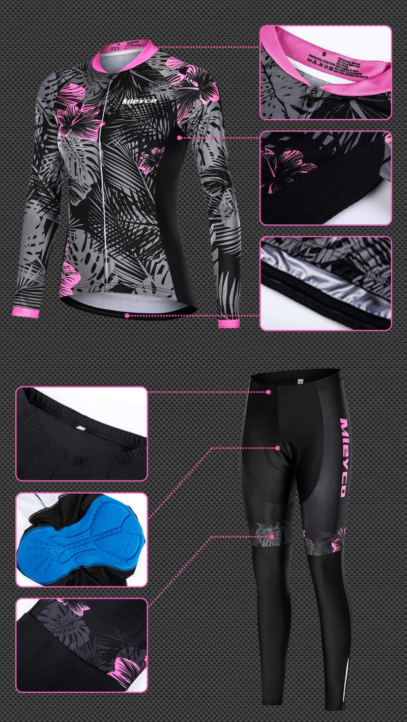 Mieyco Completo Ciclismo Donna Set Maglie a Maniche Lunghe in Poliestere Protezione UV Jersey