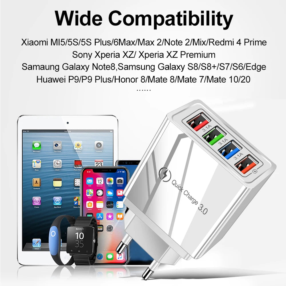 Caricatore USB 3A a 4 Porte Da Muro Con Spina EU US Integrata Per iPhone 16 Pro Ricarica Veloce