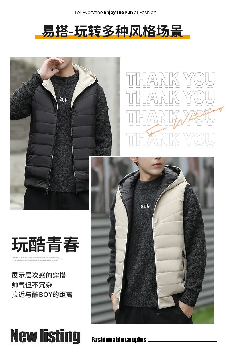 Gilet Reversibile Da Uomo Imbottito Senza Maniche In Cotone Con Cappuccio E Colletto Mandarino 2 In 1 Parka VT 276