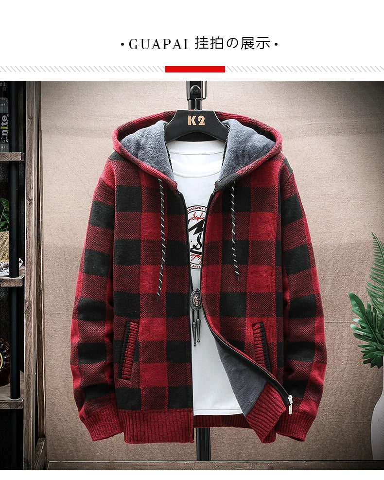 Nuovo Maglione Scozzese Invernale Da Uomo Cardigan Con Cappuccio Cerniera Giacca In Lana Calda Autunno In Pile Quadretti