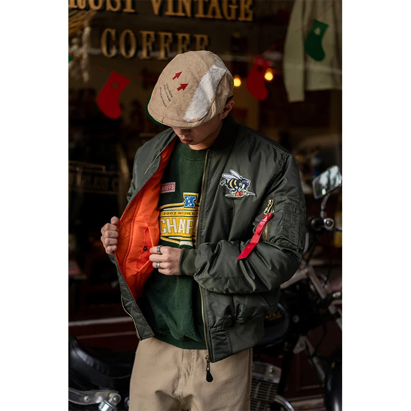 Giacca Bomber Da Uomo Invernale Con Patch Ricamato Bumble Bees Forza Aerea Pilota Calda E Imbottita